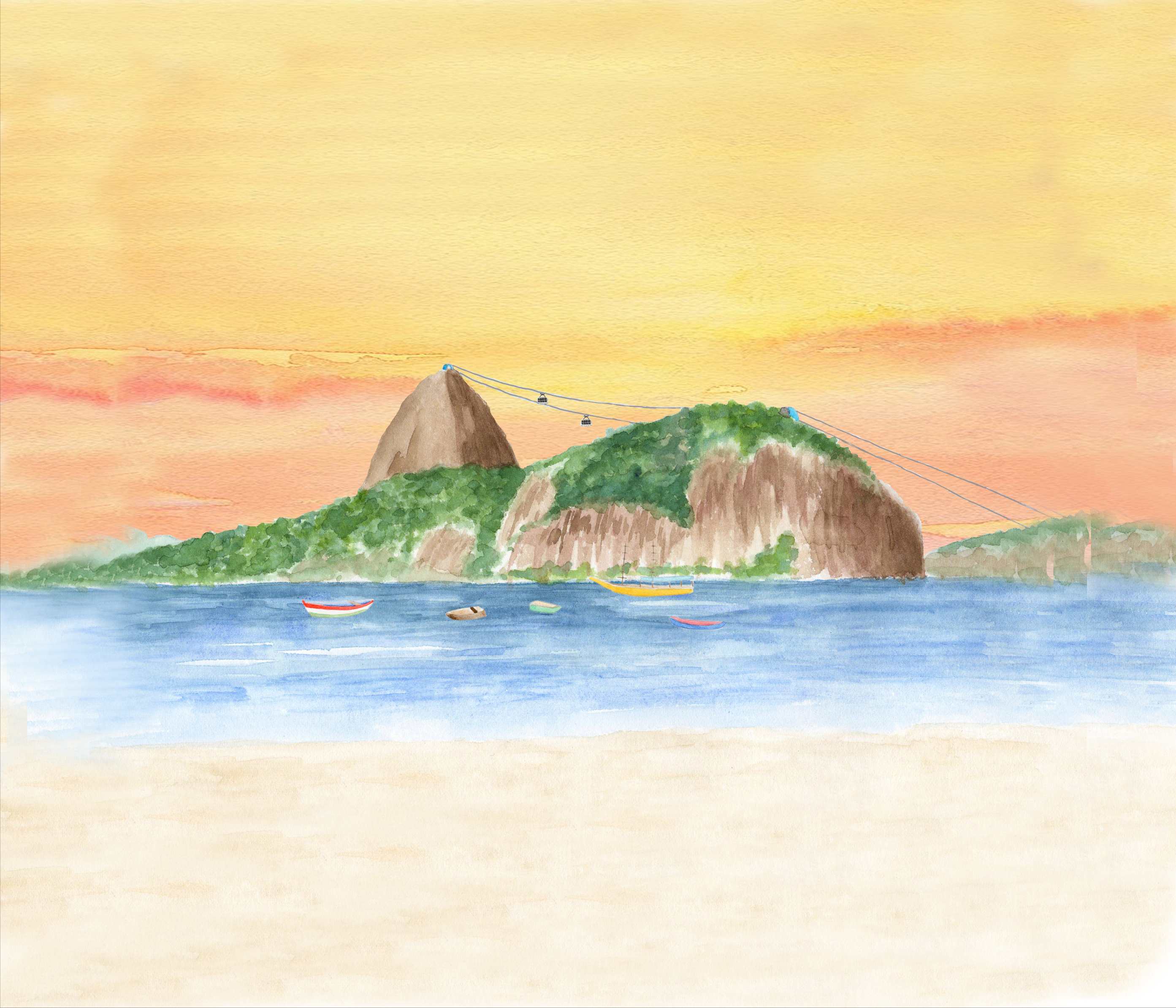 Aquarela do Pão de Açúcar ao pôr do sol